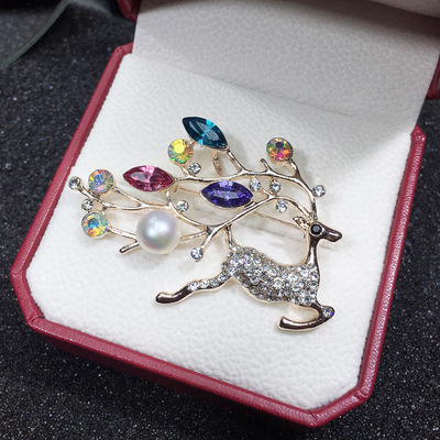 Xmas Colorful Crystal Reindeer Deer Brooch for Women Cute