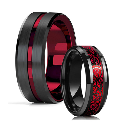 Fashion 8mm Red Groove Beveled Edge Black Tungsten Wedding