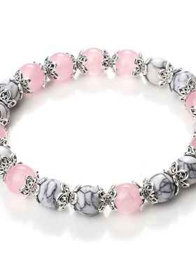 8mm White Howlite Stone Women Bracelet Metal Spacer Charm