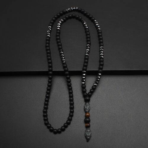 Black Obsidian Round Beads Hematite Old Man Head Pendant Y