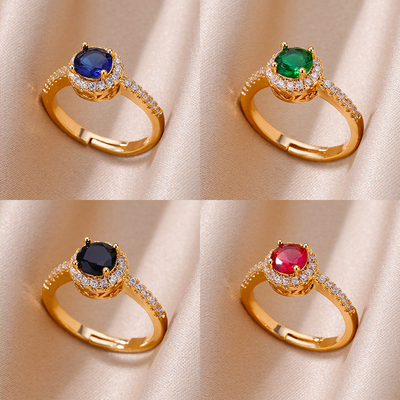 Luxury Colorful Round Zircon Rings for Woman Gold Color