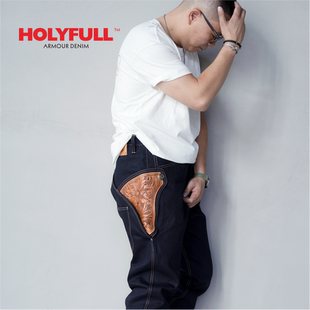 2025秋冬新款艺术皮雕18盎司双染赤耳原牛机车骑行盔甲1代牛仔裤