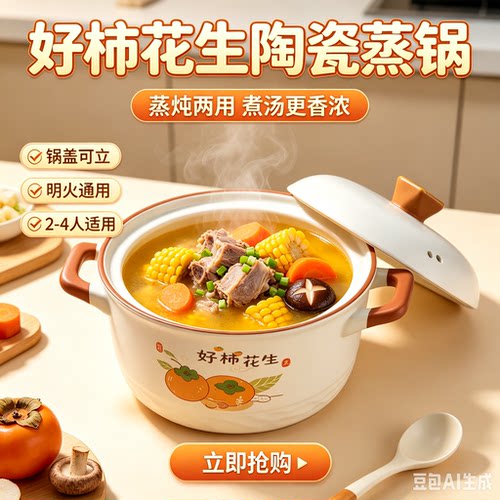炊大皇好柿花生砂锅陶瓷煲炖汤锅熬药锅4.2升耐高温不开裂明火用