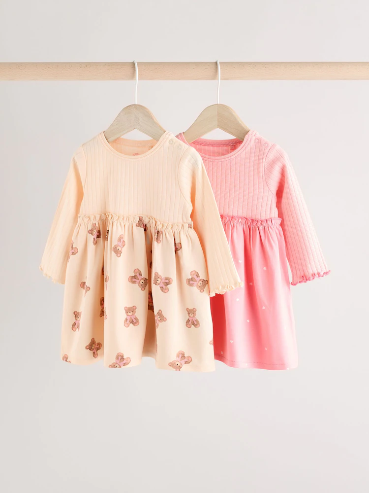 英国Next童装正品25春新生婴儿女宝宝小熊印花长袖连衣裙公主裙子