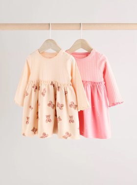 英国Next童装正品25春新生婴儿女宝宝小熊印花长袖连衣裙公主裙子