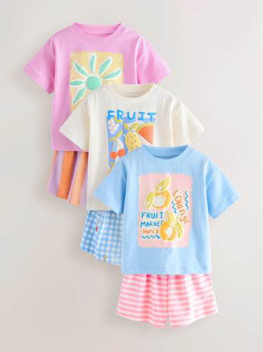 现货英国Next正品大女童大女孩粉蓝花朵纯棉短袖家居服睡衣裤3套