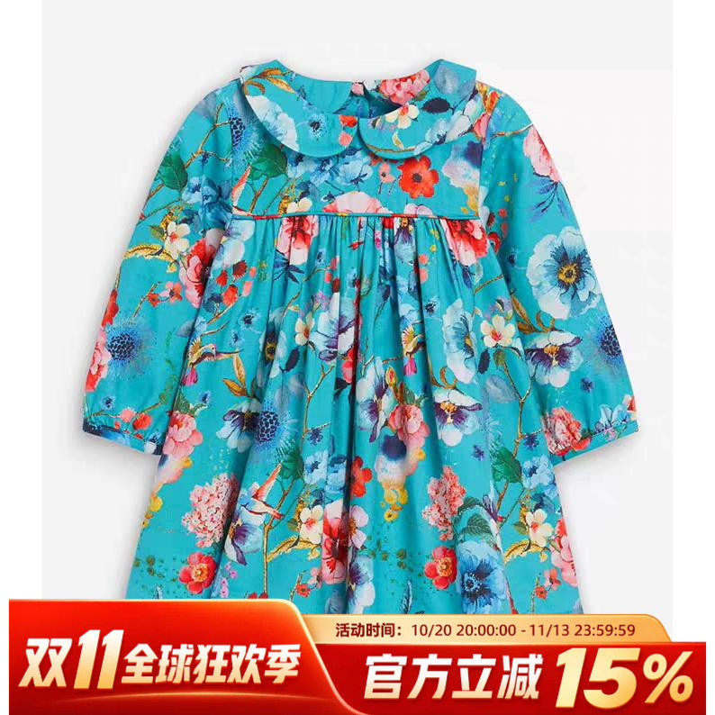 现货英国NEXT正品童装婴幼儿蓝绿色花卉长袖连衣裙子洋装公主裙