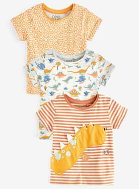 现货英国NEXT童装夏男女童宝宝立体恐龙卡通短袖圆领T恤上衣3件