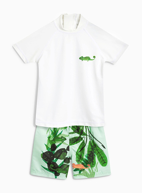 现货 英国next正品男童男孩夏季绿色丛林小蜥蜴分体防晒泳衣泳裤