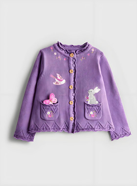英国JOJO童装女童女婴25秋新款紫色兔子长袖毛衣针织开衫外套