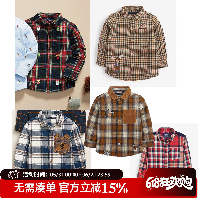 现货英国NEXT童装男童男宝宝红色圣诞领结贴花长袖全棉格子衬衫
