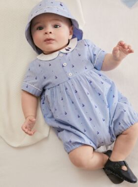 现货英国Next新生婴儿男女宝宝蓝色帆船短袖连体衣帽子哈衣爬服