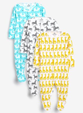 现货英国正品NEXT童装男女宝宝春秋有机棉动物长袖连体衣爬服3件