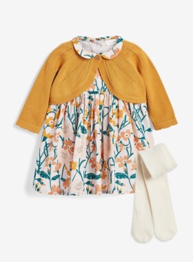 现货英国NEXT童装春秋女宝婴儿黄色开衫裙子裤袜满月百天礼服套装