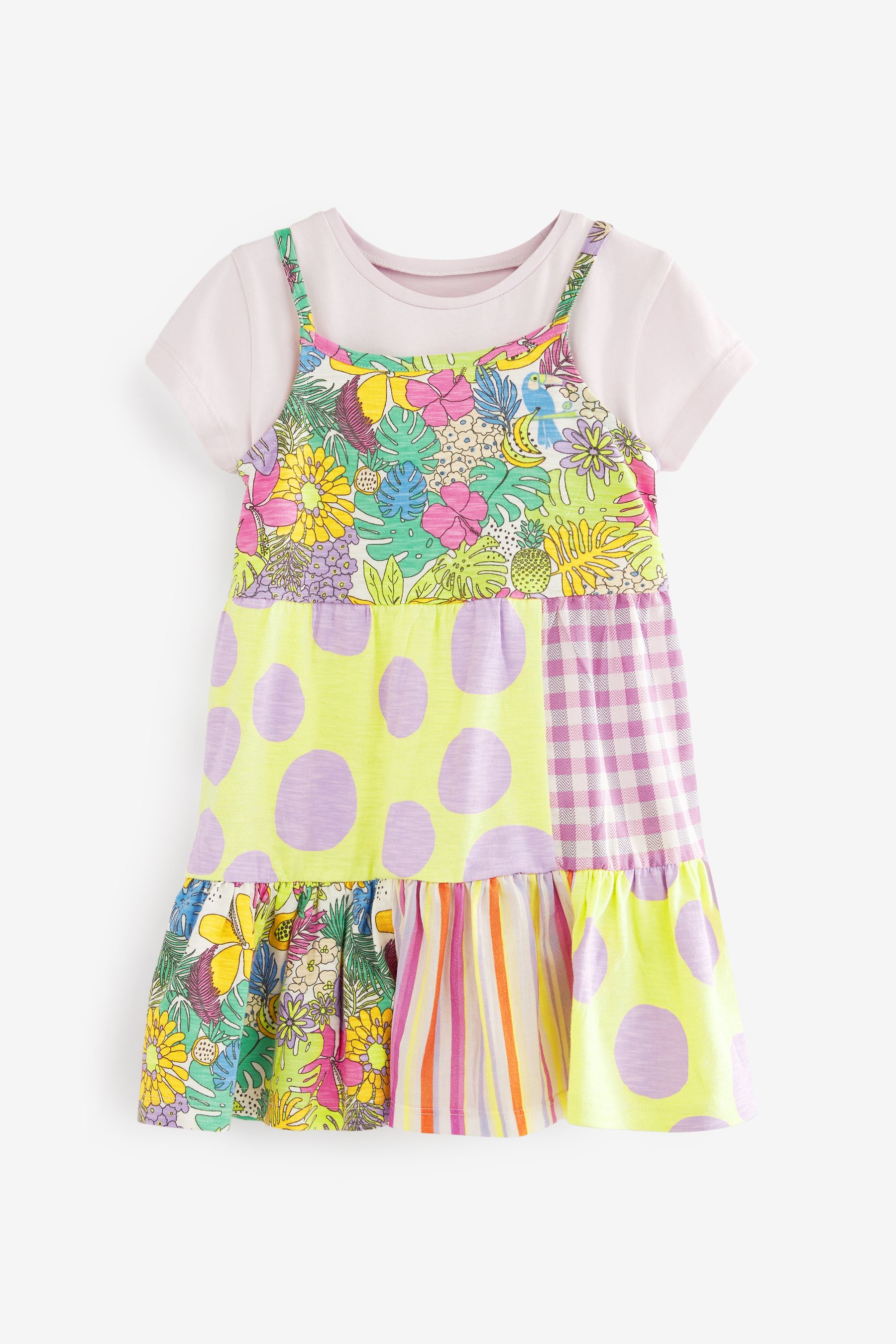 现货英国NEXT童装夏新女童女宝宝拼接吊带连衣裙子+短袖T恤套装