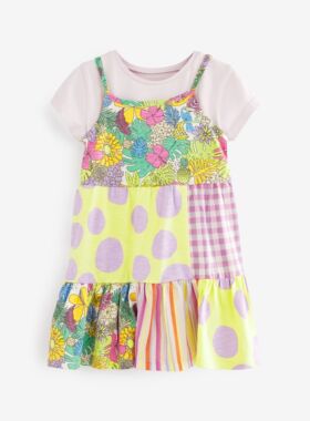 现货英国NEXT童装夏新女童女宝宝拼接吊带连衣裙子+短袖T恤套装