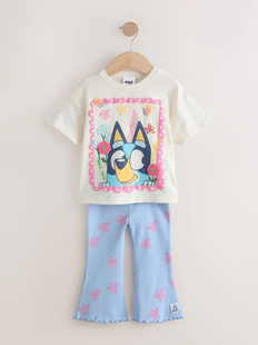 现货英国Next童装25女童女宝宝布鲁伊短袖T恤上衣+喇叭长裤子套装