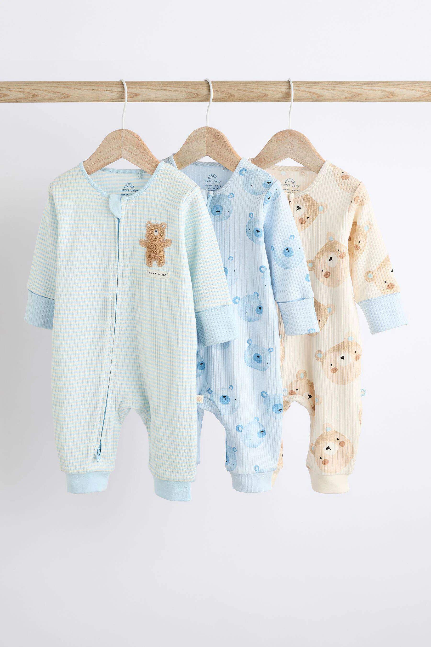 现货英国next25春秋新生婴儿男宝宝小熊拉链不包脚纯棉长袖连体衣