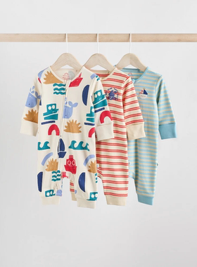 现货英国next童装25秋新婴儿男宝宝帆船拉链不包脚纯棉长袖连体衣