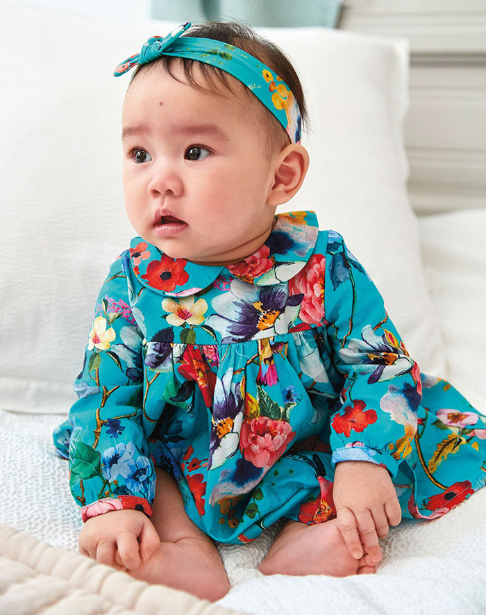现货英国NEXT正品童装婴幼儿蓝绿色花卉长袖连衣裙子洋装公主裙