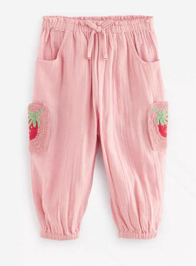 现货英国next童装女童女宝粉色草莓休闲长裤纯棉收口防蚊裤子春夏