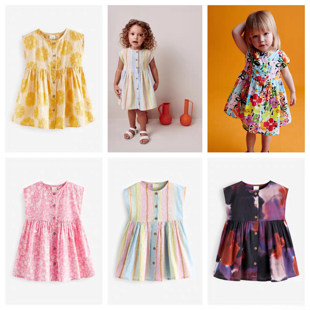 现货英国NEXT童装夏女童女宝宝花卉彩虹条纹印花短袖连衣裙子洋装