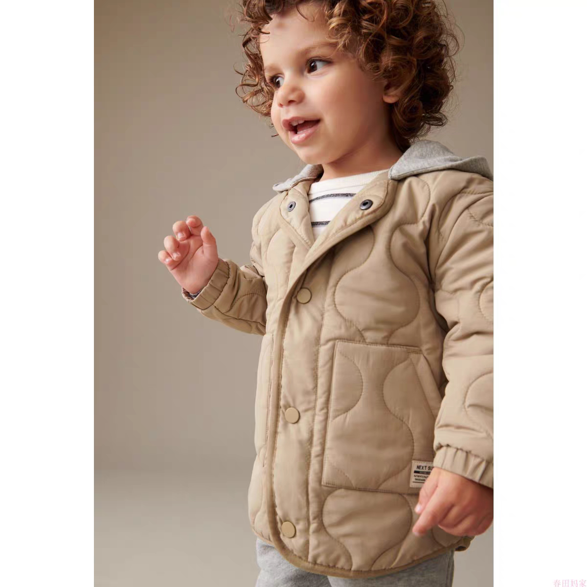 现货英国next童装春秋男童男宝宝菱格纹拼接保暖夹棉连帽外套夹克