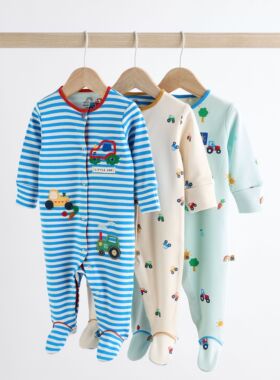 英国next童装24新新生婴儿男宝宝纯棉交通工具卡通长袖连体衣3件