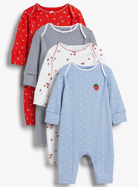 现货英国NEXT童装秋女宝宝红色草莓不包脚长袖连体衣婴儿纯棉爬服