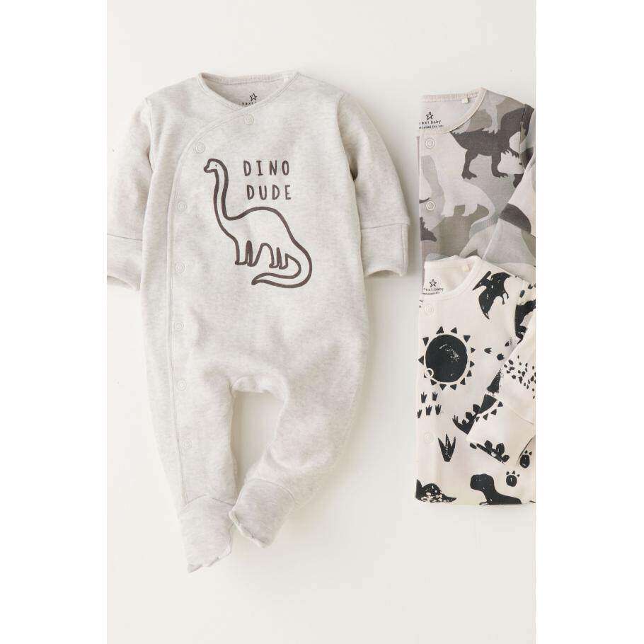 现货英国NEXT童装秋男宝宝黑白恐龙连身衣长袖连体衣爬服哈衣3件