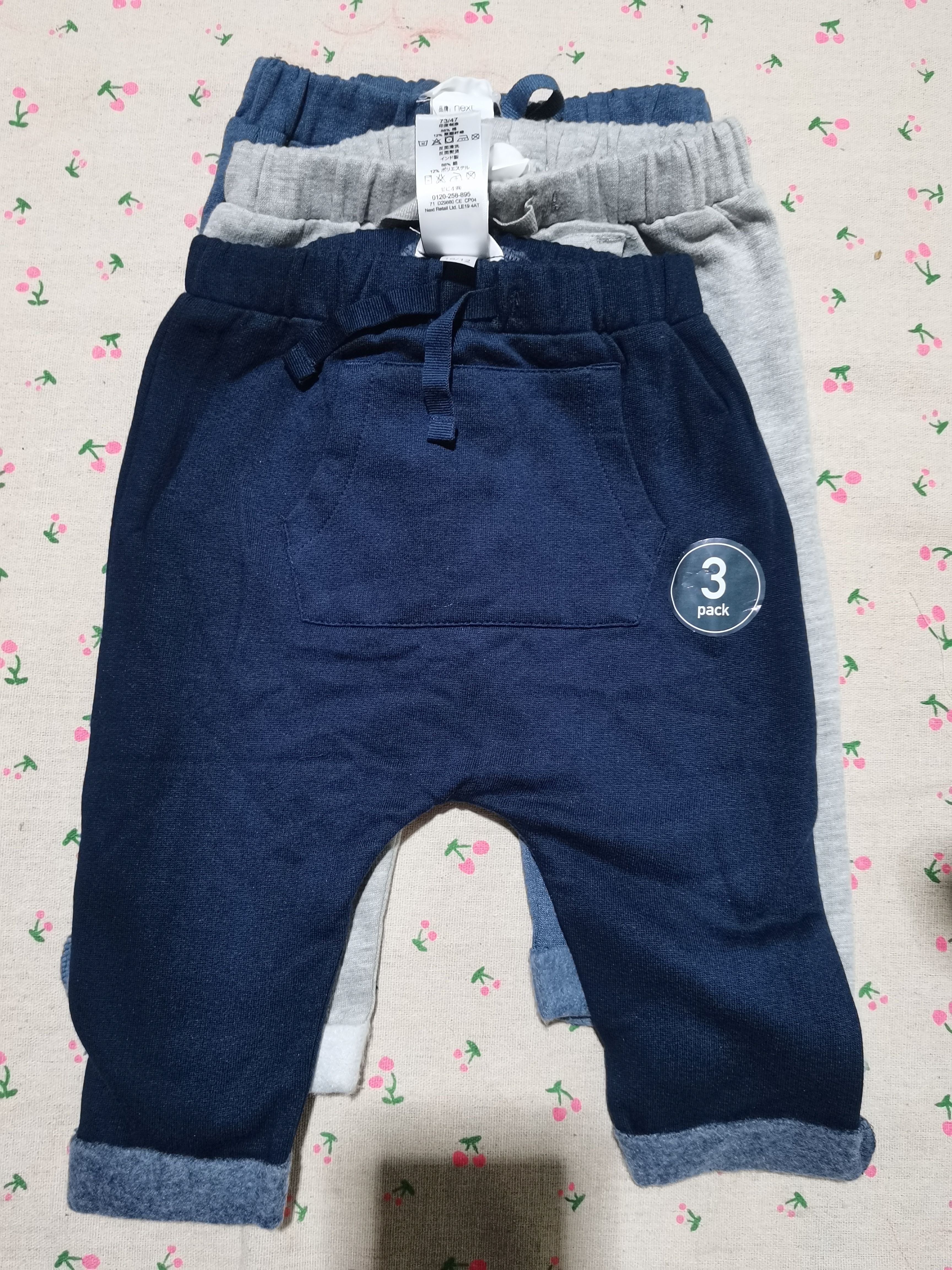 现货英国NEXT男宝宝婴儿松紧腰薄绒运动长裤长裤子大屁屁裤3条