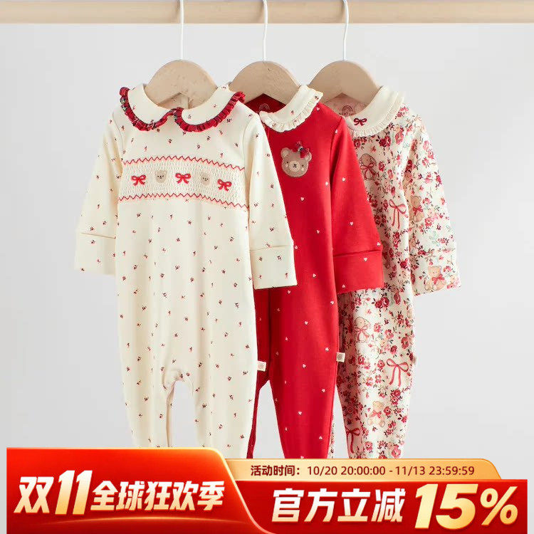 现货英国Next童装新生婴儿女宝红色小熊新年娃娃领长袖连体衣爬服