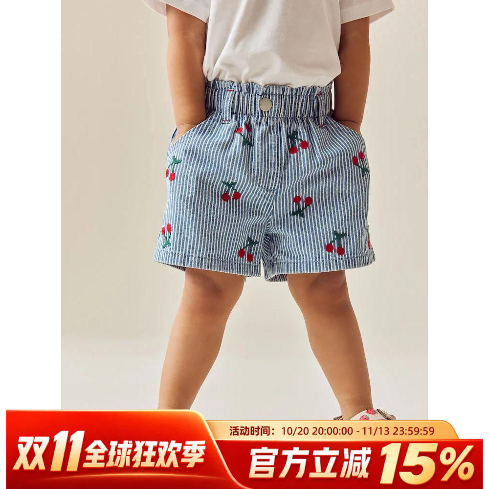 现货英国NEXT童装夏新款女童女宝宝蓝色绣花樱桃刺绣纯棉牛仔短裤