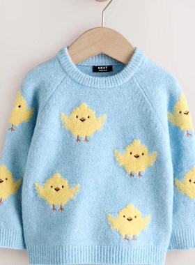 现货英国Next童装26男童宝宝蓝色小鸡小牛针织衫圆领套衫儿童毛衣