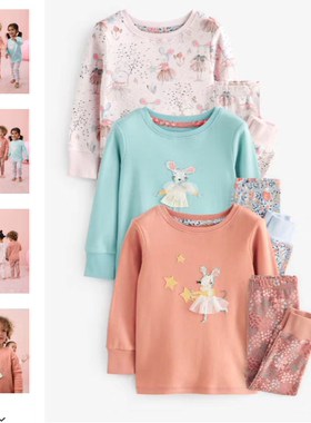 现货英国Next童装女童粉蓝色碎花老鼠长袖纯棉家居服睡衣秋裤3套