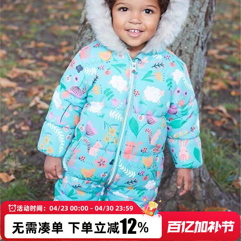 英国Next童装女童女宝宝25新款蓝色动物连帽连体服棉服外套滑雪服
