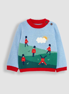 现货英国JoJoMamanBébé男婴童秋冬蓝色士兵纯棉长袖毛衣针织衫