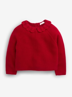 现货英国Next童装女童新款红色翻领白色娃娃领纯棉长袖毛衣针织衫