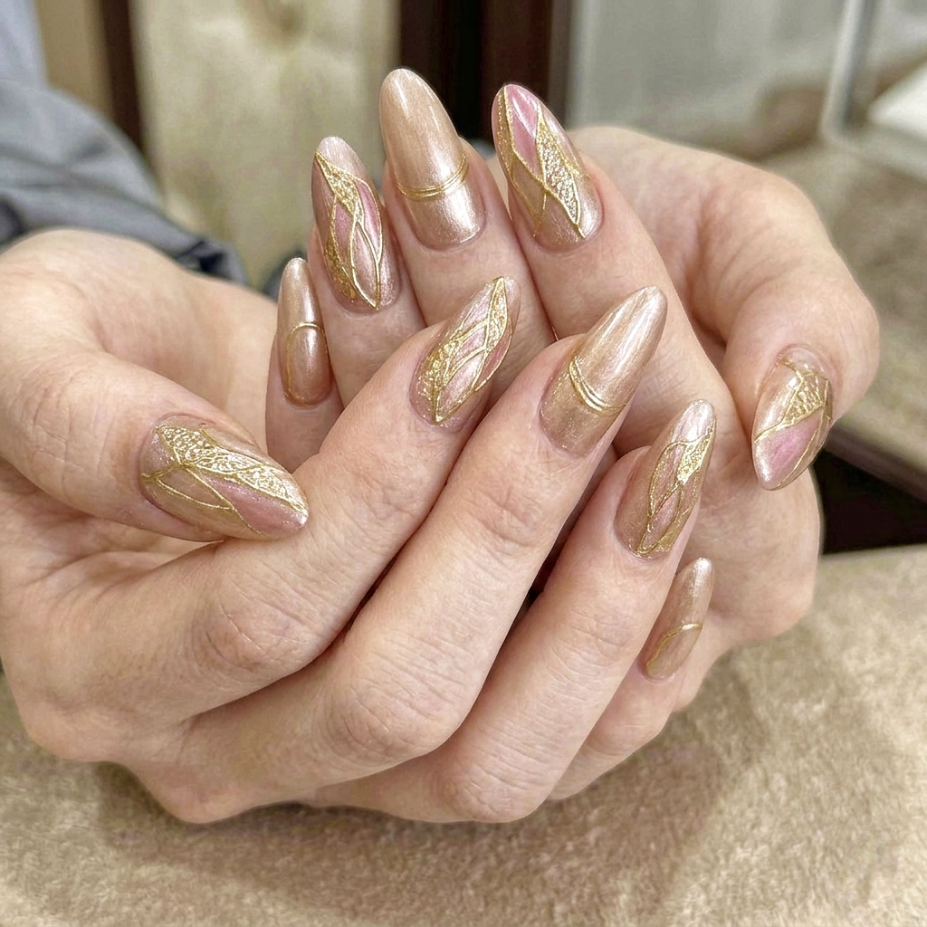 轻奢香槟金粉猫眼穿戴甲 中长款线条美甲片 新娘结婚款可重复使用