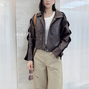 蛋白皮衣复古港风机车衣收腰修身 设计短款 皮夹克 个性 aimierdi韩式