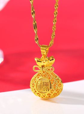 花丝镂空福袋项链国风镂空福字平安扣吊坠沙金假金仿真黄金首饰