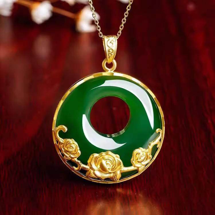 沙金玉吊坠女仿真黄金玫瑰花项链平安扣转运高级感轻奢送妈妈礼物