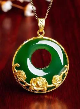 沙金玉吊坠女仿真黄金玫瑰花项链平安扣转运高级感轻奢送妈妈礼物