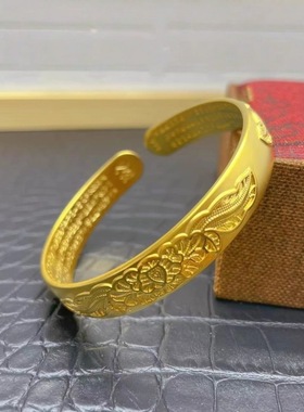 宽版牡丹花心经开口手镯女仿黄金实心轮胎小众高级感镯子沙金饰品