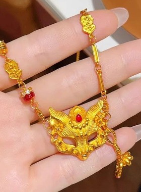 金店同款沙金澜焰狐狸面具吊坠项链女款新中式国潮复古套链锁骨链