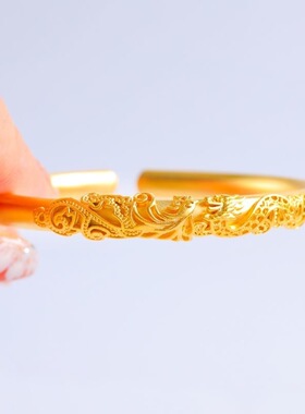 沙金饰品古法龙凤呈祥开口手镯女仿黄金实心镯子结婚三金首饰配饰