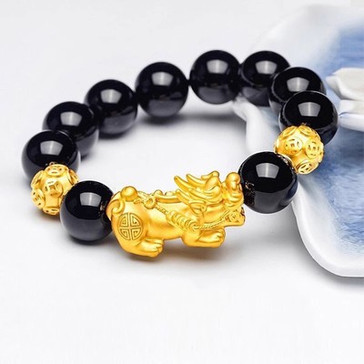 纯沙金貔貅手串男女仿真黄金貔貅手链黑曜石玛瑙转运高级情侣礼物