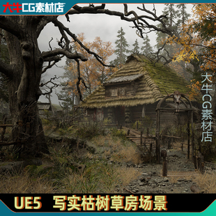 UE5虚幻 写实秋季丛林大枯树林泥泞路乡村茅草房子室内建筑场景