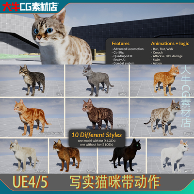 UE4虚幻5 AnimX꞉ Advanced Cats 高品质猫咪角色模型带动画