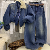 复古羊羔毛翻领牛仔夹棉外套高腰显瘦加绒阔腿裤 韩版 时尚 两件套女